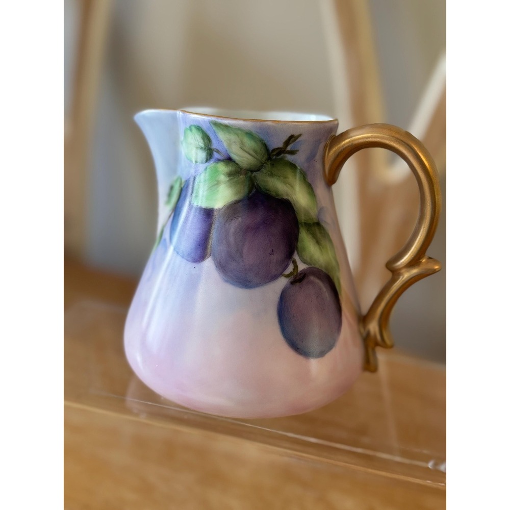 Vintage Pitcher with Hand Painted Plums, and Gold Handle